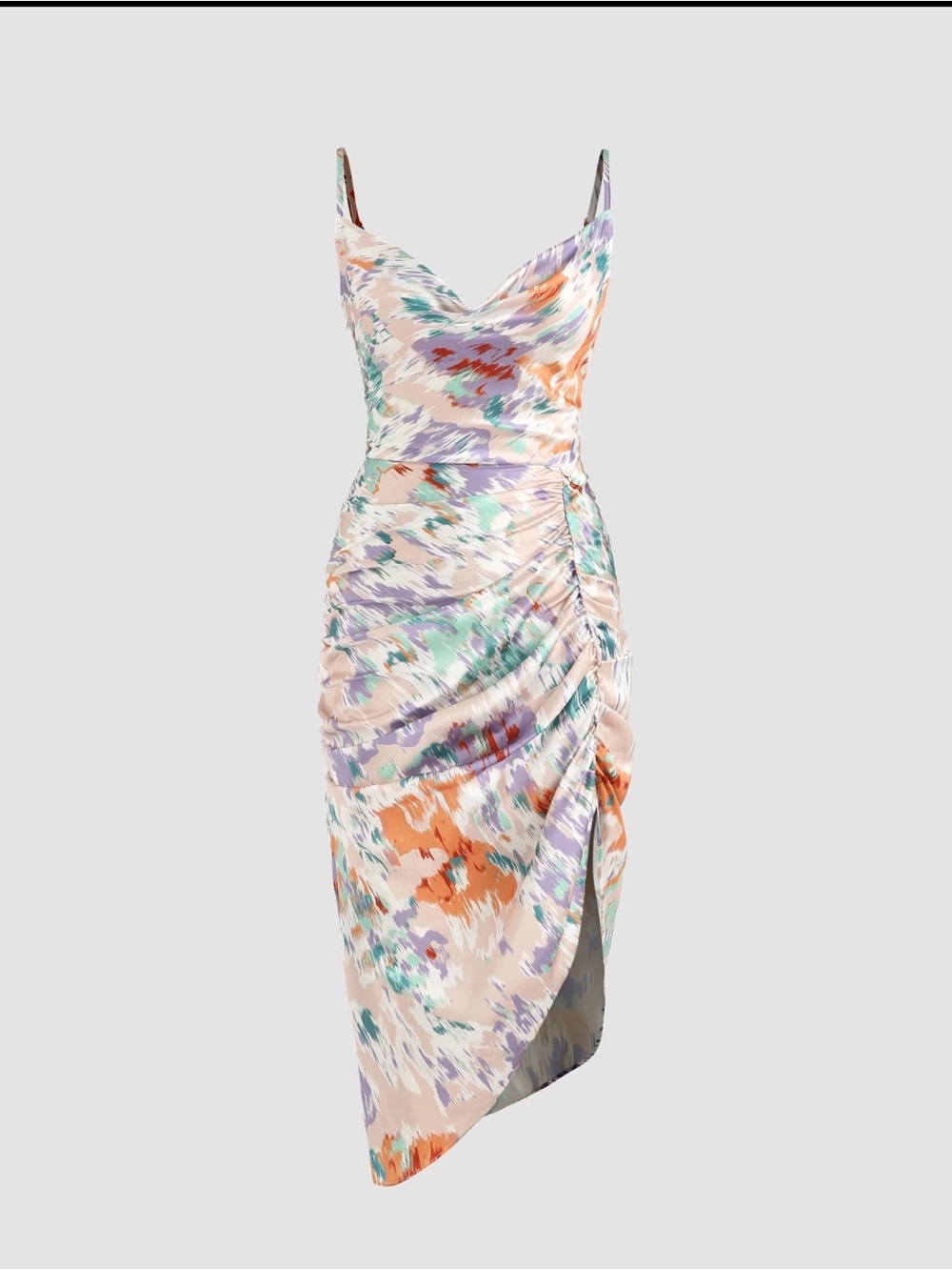 CIDER ILLUSION FLORAL RUCHED COWL NECK MIDI DRESS